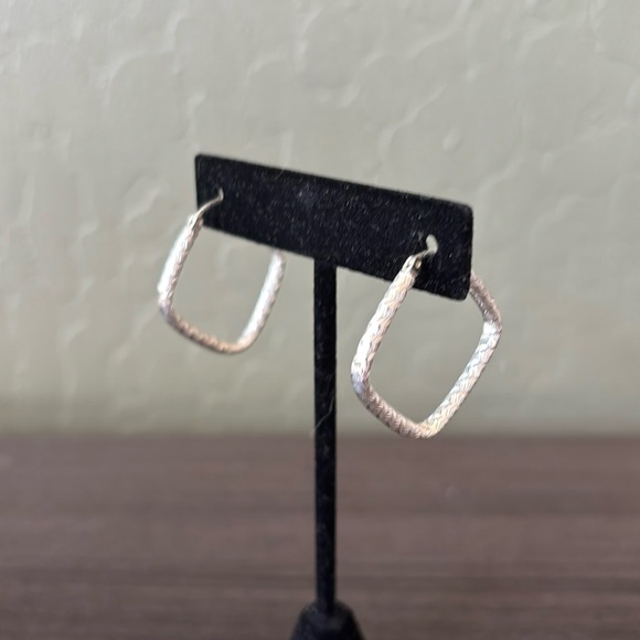 Sterling Silver Etched Diamond Shaped Hoop Earrings - Picture 1 of 7